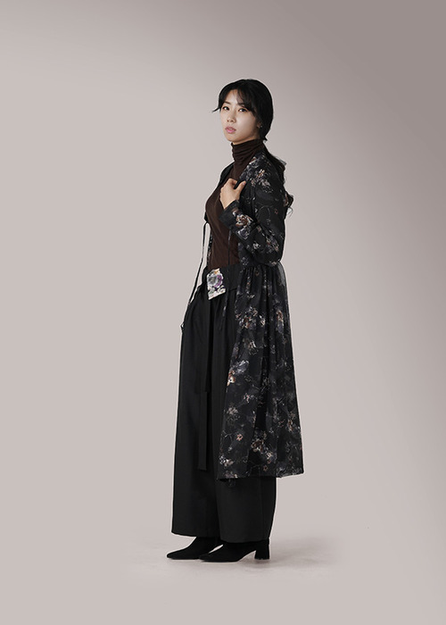 [7196 label] black robe wrap chiffon dress