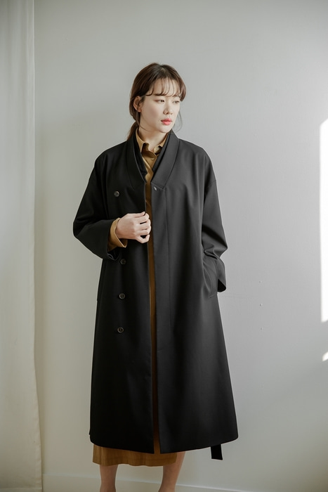 [7196 label] Double collar coat black