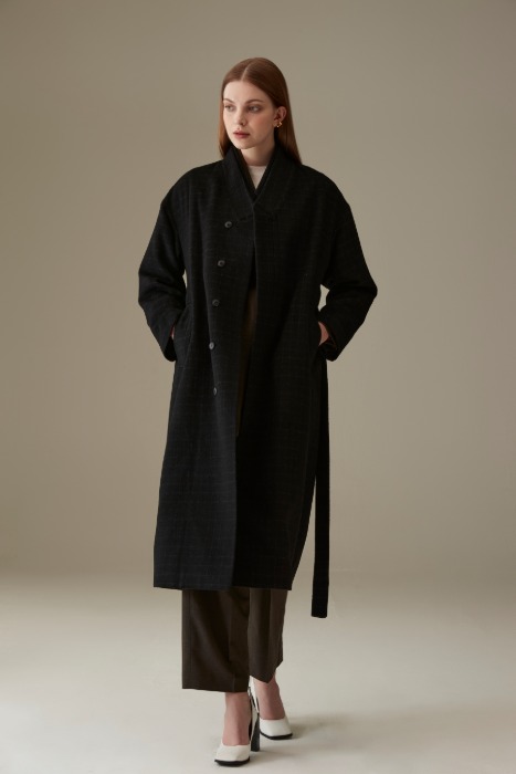 wool double collar long coat (black)