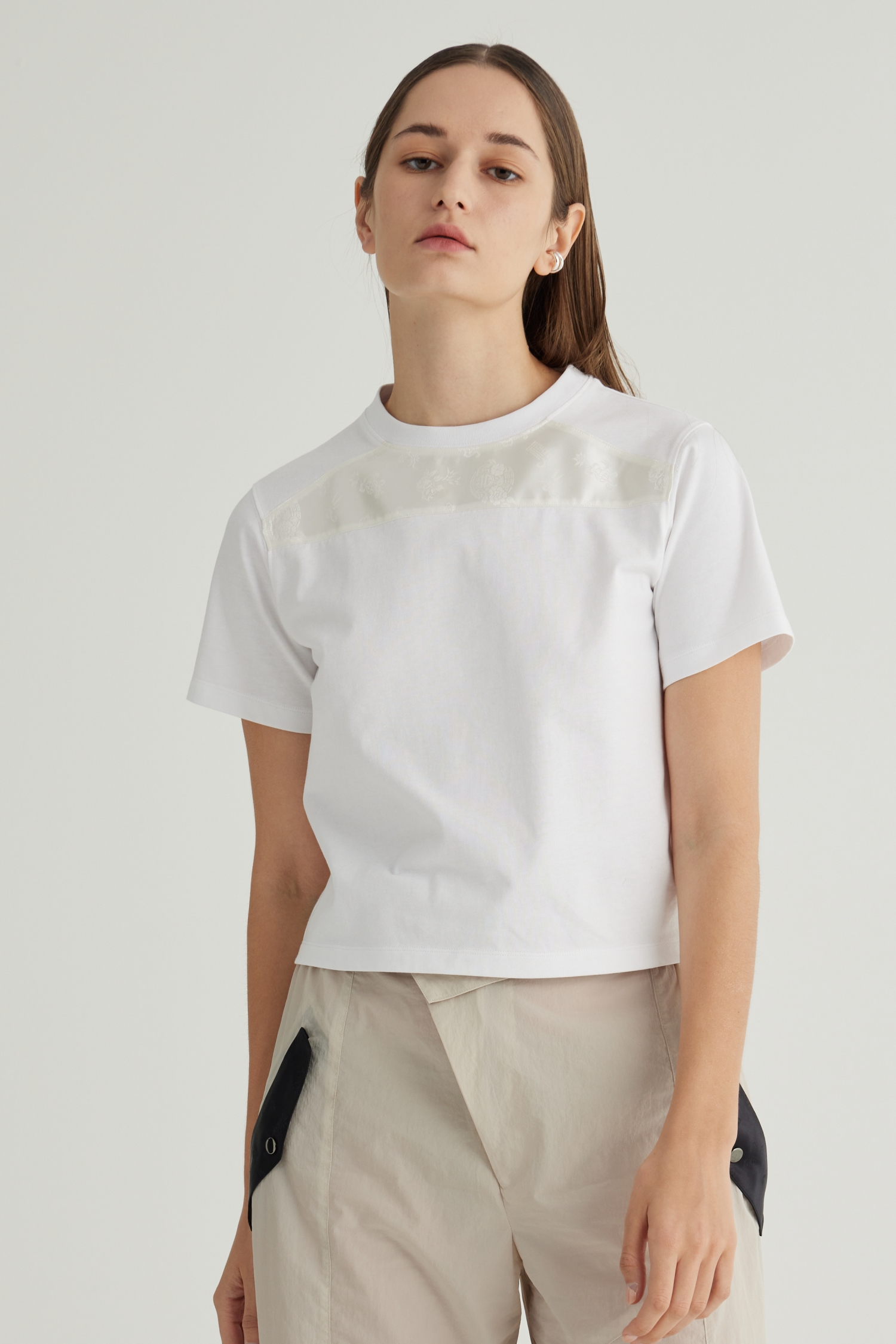 Fabric Point Crop T-shirts [(White)